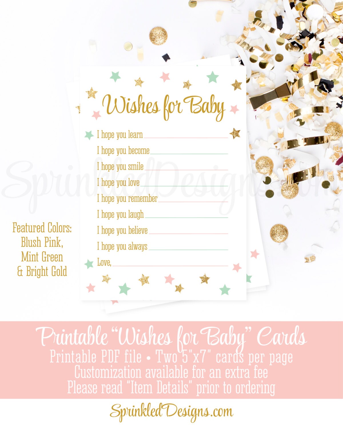 Wishes for Baby Printable Cards Blush Pink Mint Green Gold