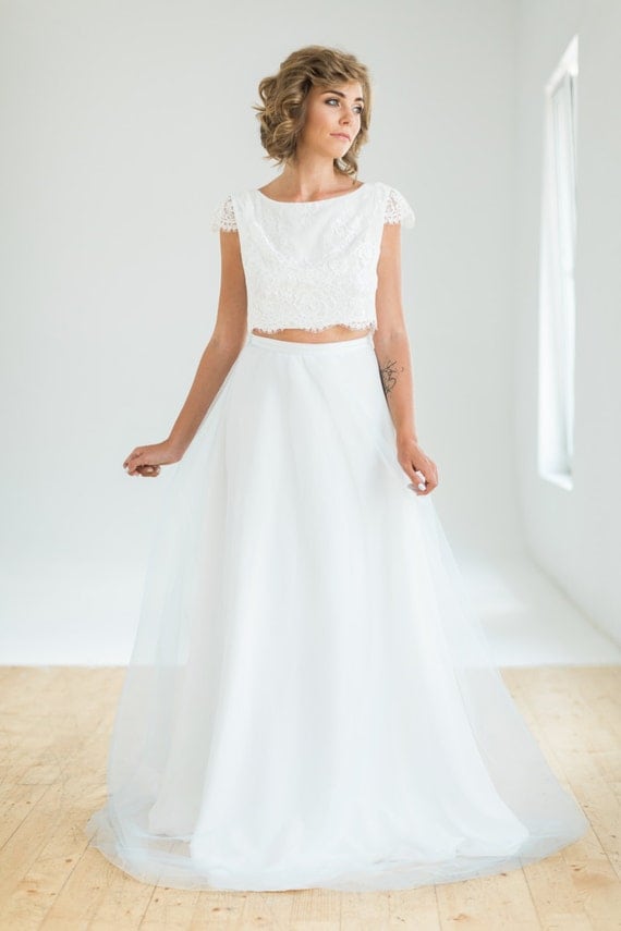 Crop top two piece wedding dress with cap sleeve lace top and