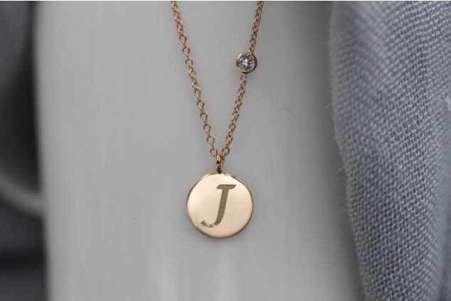 14k solid gold genuine birthstone necklace initial by NOSTALGII
