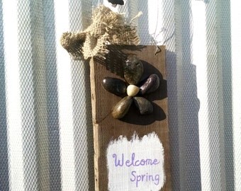Spring Door Hanger, Rustic Wood Sign, River Rock Flowers, Welcome Spring, Sun Decorations, Hand Painted, Recycled barn wood