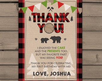 Rustic Lumberjack Themed Thank You Card Birthday Party Plaid Boy First Rustic Lumberjack Themed Thank You Card Birthday Party Plaid Boy First