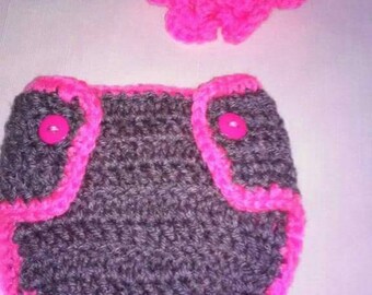 Crochet flower 2pc diaper set, flower headband and matching diaper cover, newborn photo prop, flower photography prop, baby pictures, girl