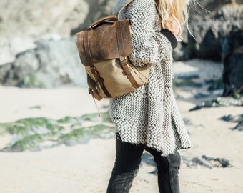Waxed Canvas Backpack / Canvas with Brown Leather / Waxed Canvas Rucksack / Laptop Bag / Vintage Backpack / Camel
