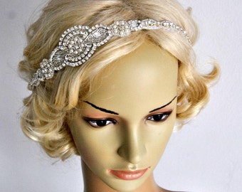 Long Bridal Headband Crystal Pearls Rhinestone Wedding Headband Headpiece, Halo Bridal Flapper 1920s Great Gatsby Headband Headpiece