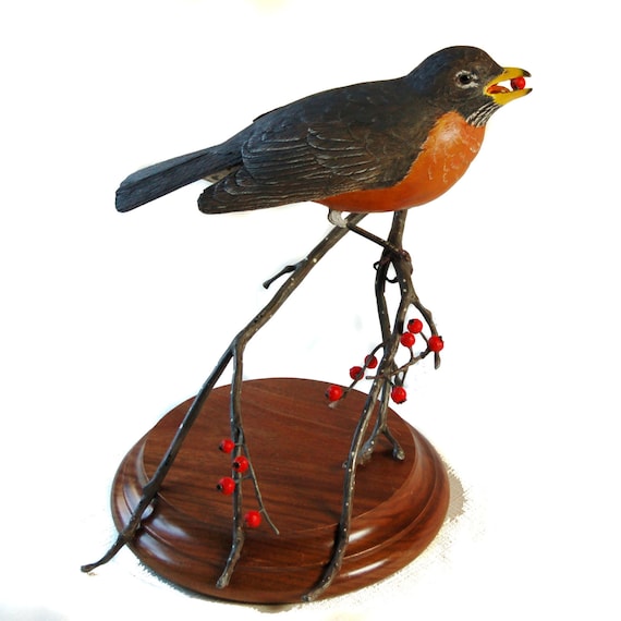 Bird carving wooden bird wood carving American robin