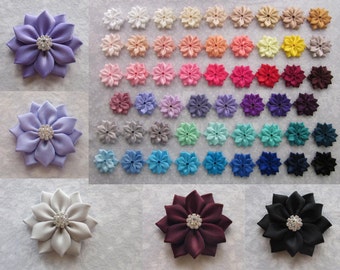 Fancy Satin Flower with Rhinestone, 53 Colors, Hair Accessory, Clip, Barrette, Pin, Brooch, Shoe Clips, Bridal, Flower Girl, Bridesmaids