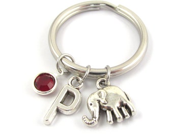 Elephant Keychain- SMALL CHARMS- choose a birthstone and initial, Elephant Keyring, Elephant Gift, Elephant Charm, Personalized Elephant
