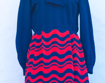 Vintage 1960's- Dalton in The Trevira Era Two-Toned Belted Pussy Bow Dress. M.