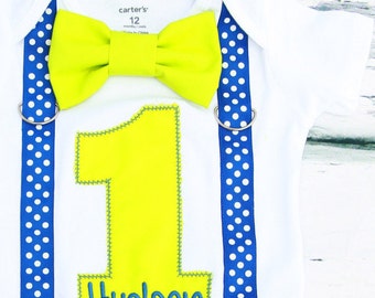 Lime green baby boy first birthday outfit, blue polka dot suspender set with bow tie, baby boy lime green cake smash outfit