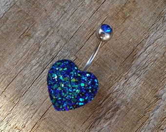 Sparkling Heart Belly Button Ring, Bling Belly Ring, Blue Belly Ring, Body Jewelry, Navel Belly Button Piercing.