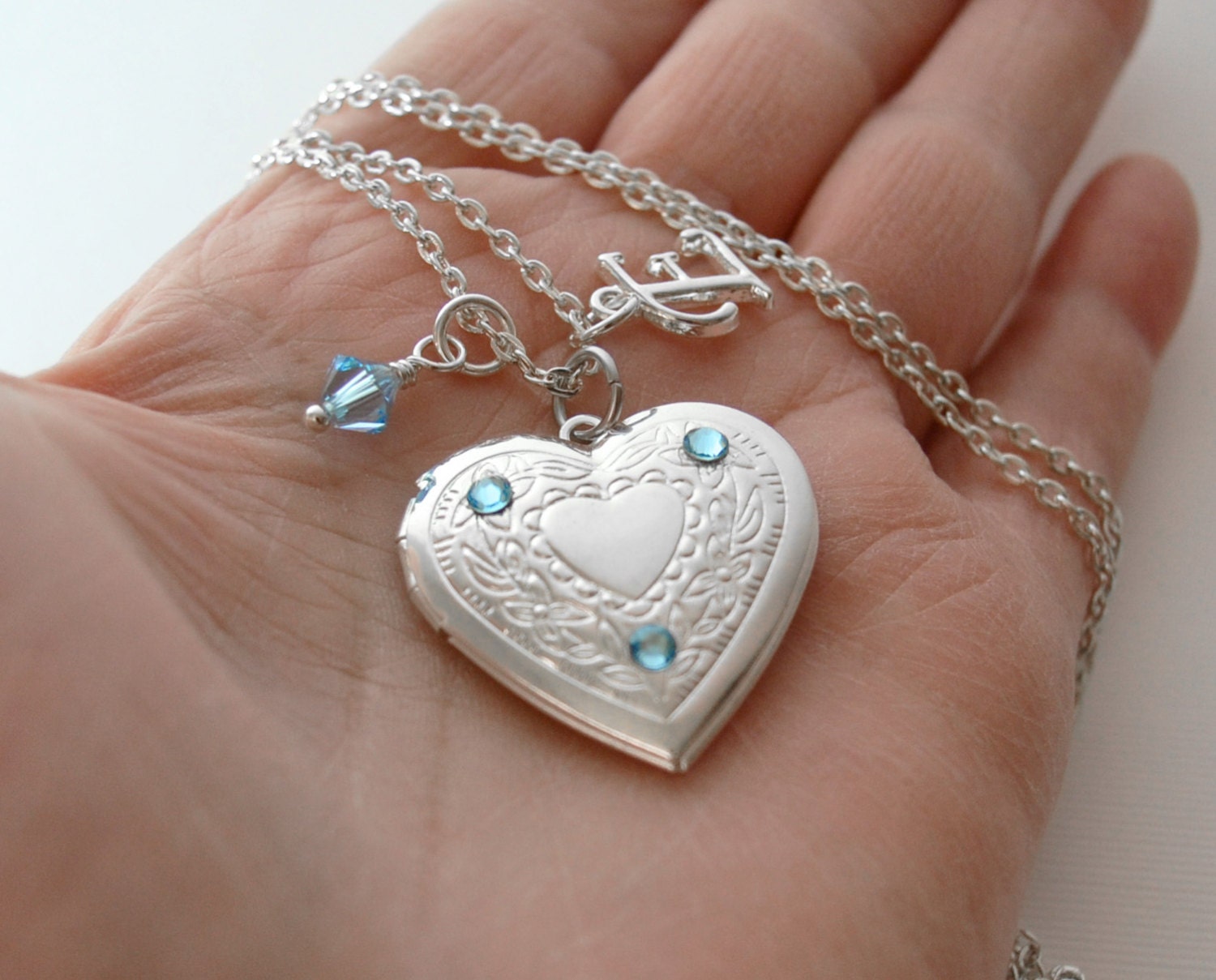 Heart Locket Silver Heart Locket Birthstone Locket March