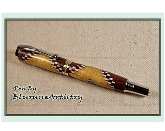 Custom Handcrafted Pen - Rollerball Pen - Rhodium/22k Gold Accents and Segmented Woods - #189