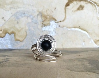 Wire Wrapped Ring, Black Onyx, Silver, 6mm