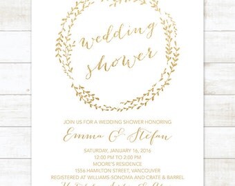 white gold wedding shower invitation, printable white gold glitter wreath wedding shower invite