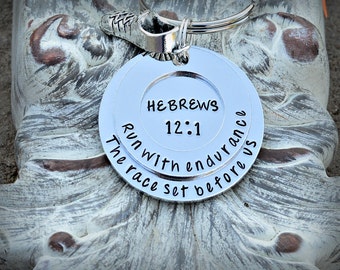 running keychain running shoe charm-cross country running necklace-running keychain-marathon finisher gift-hebrews 12: 1- run with endurance