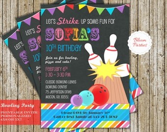Bowling Invitation Girls Bowling Birthday Invitation Bowling Party Invite Digital Printable Strike Rainbow Chalkboard