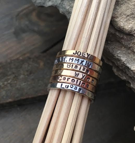 Rose Gold Stackable Mothers Name Rings Date Rose Pink Gold Name Rings Silver Name Rings Make a Set Hammered Stackable Rings 14k Gold