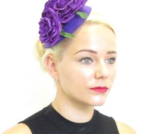Purple Rose Flower Pillbox Hat Fascinator Rockabilly Vtg Hair 1950s Races 578
