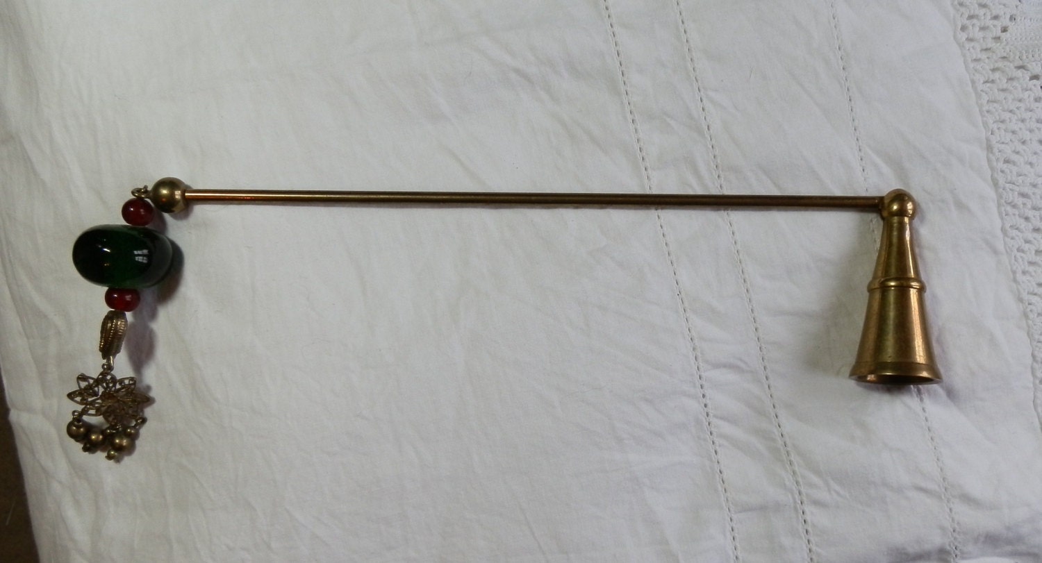 Vintage Indian Brass Candle Snuffer with Green and Red Beaded