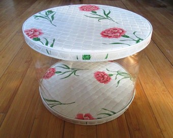 Very Cool Retro 1950's Plastic Hat Box Wig Box Round clear plastic with quilted top and bottom RARE Find Pink Carnations