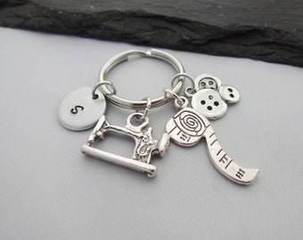 Sewing Keyring, Initial Sewing Keyring, Hand Stamped, Sewing Gifts, Dressmaker Gifts, Sewing Machine, Personalised Keyring, Keychain, Charm
