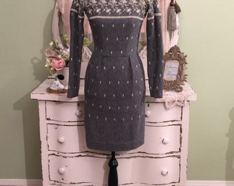 XXS Mr Mort 50s Dress, Charcoal Gray, 1950s Vintage Dress, Long Sleeve Ornate Embroidered Dress, Grey Pencil Off Shoulder Vintage Dress