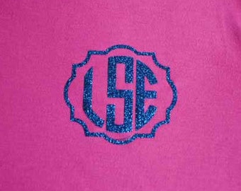Glitter Iron-on Monogram | DIY Monogram Shirt | Quatrefoil Border | Family Shirt Decal | Bridesmaid Monogram
