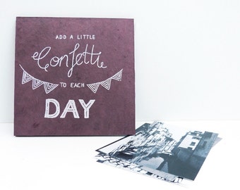 Accordion Book, scrapbooking album dusty pink, hand lettering screen print, add a little confetti