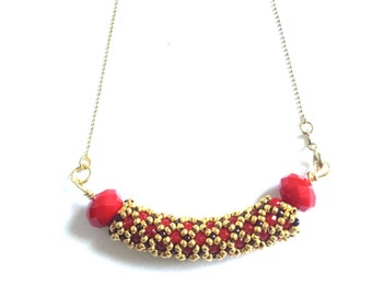 Netting with red crystals, pendant necklace,