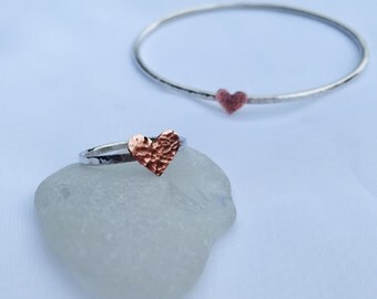 Heart Ring, Sterling Silver Ring, Copper Heart Ring, Stacking Ring, Cute Heart Ring, Copper and Silver Ring