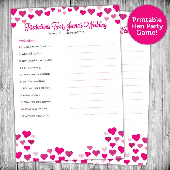 Items similar to Predictions For The Wedding Game - Personalised Hen ...