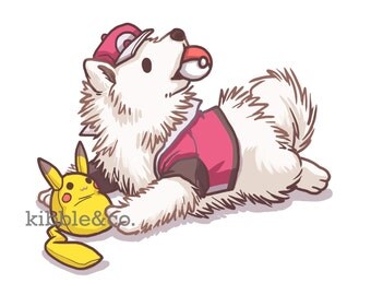 Pokemon Plush, Art Print, Pikachu, Wall Prints, Pikachu Plush, Pokemon Art, Dogs, Dog Illustration, Samoyed Print, Cute Dogs