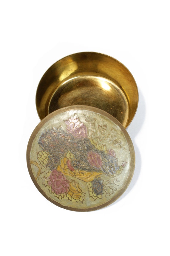 Round Brass Enameled Trinket Box Solid by VintageLostButFound