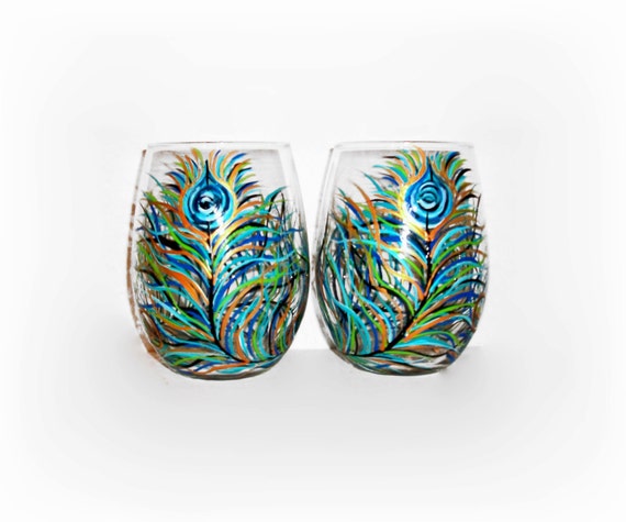 Peacock Feathers Hand Painted Stemless Wine Glasses Set Of 2