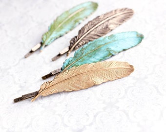 Feather Bobby Pin Gold Brass Feather Bobbies Nature Hair Accessories Woodland Wedding Rustic Verdigris Patina Bridesmaids Gift (One Piece)