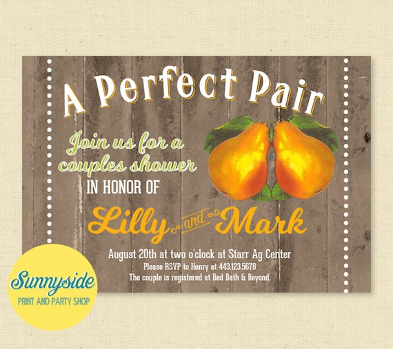 Perfect Pair Pear Invitation // Couples Shower Invite with rustic wood // co-ed wedding shower printable or printed // pears Il_570xn