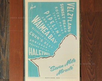North Shore Oahu Surf Map - 12x18 Retro Hawaii Travel Print