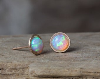 Rose Gold Earrings, Rose Gold Studs, Rose Gold Opal Earrings, Opal Studs, White Opal Studs, Blue Opal Studs, October Birthstone, Simple Stud