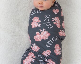 Personalized Swaddle Blanket with Floral Print // Vintage Floral // Gifts for Baby // Newborn Photo Prop // Best Swaddling Blanket