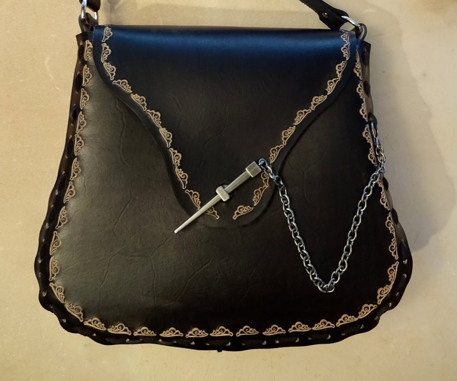 Extra Large Jewel Tooled Black Leather Crossbody Bag