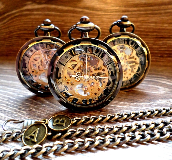 Personalized Steampunk Antique Bronze Mechanical Pocket Watch with Chain Groomsmen Gift Mens Gift Ships to United States/Canada by PocketwatchEmporium steampunk buy now online