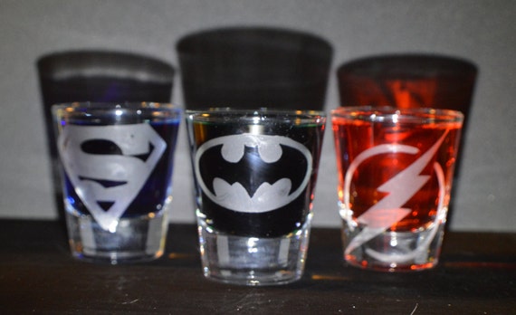 Super heroes etched shot glass set of 3 fan art
