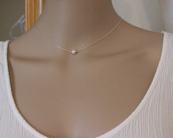Floating pearl necklace, simple pearl necklace, bridesmaid gift, delicate gold necklace, simple necklace, bridal party gift, classic pearl