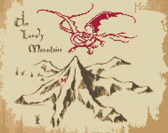 The Lonely Mountain and Smaug The hobbit - 276 x 386 stitches - Cross Stitch Pattern Pdf - Instant Download - B1014