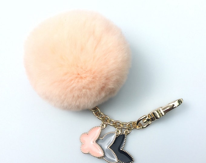 Peach Rex Rabbit Fur Pompon bag charm pendant Fur Pom Pom keychain with 3 butterfly charms