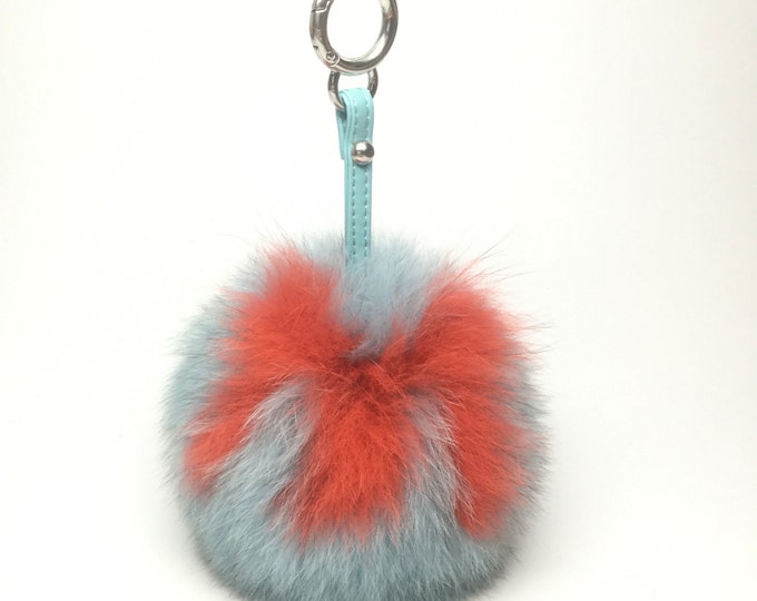Ready to ship, Monogram Letter "M" made fox fur letter bag charm pom pom keyring keychain fur bag accessory Light Blue Orange