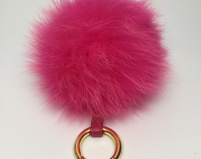 New FOX Fur Pom Pom bag charm keychain with real leather strapand buckle in Hot Pink with gentle white tips