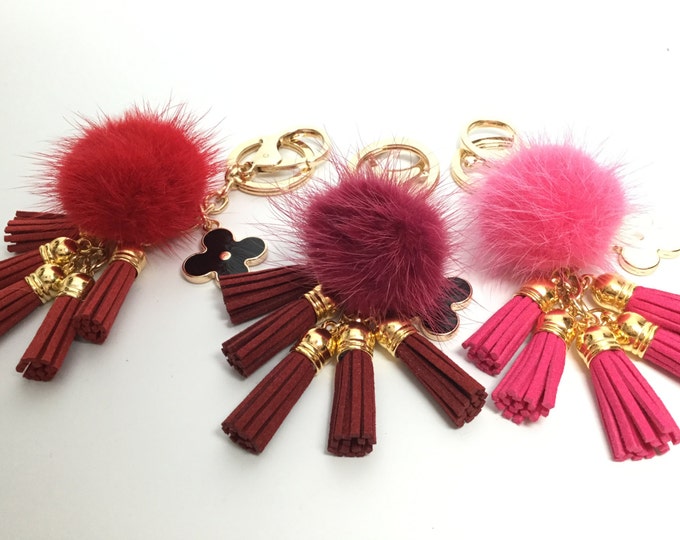 Cute Genuine Mink Fur Pom Pom Keychain with suede tassels and flower charm in Red