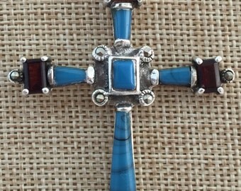Cross TURQUOISE GARNET and Marcasite square faceted gemstones Sterling Silver Cross Pendant.