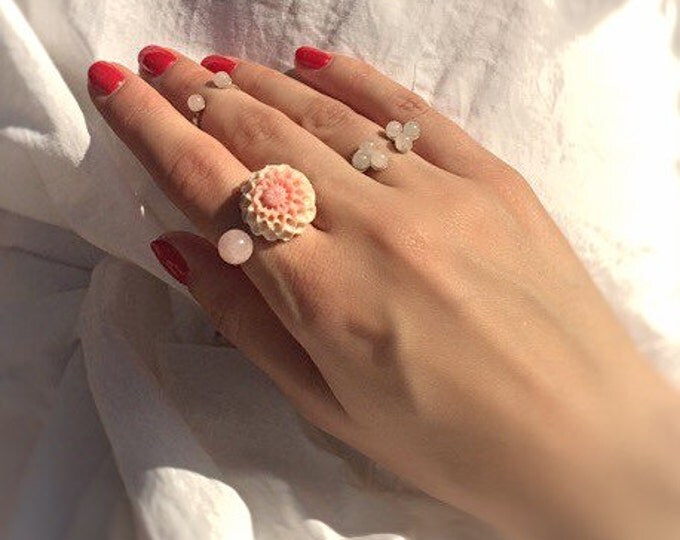 Rose quartz ring, Quartz ring, Agate ring, Cuff ring, Natural stone ring, Open ring, Pink stone ring, gift for her